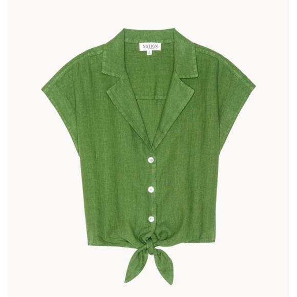 New Nation Ltd Los Angeles Noemi Tie Top Linen Crop Lawn Green Small Blouse - Picture 3 of 11